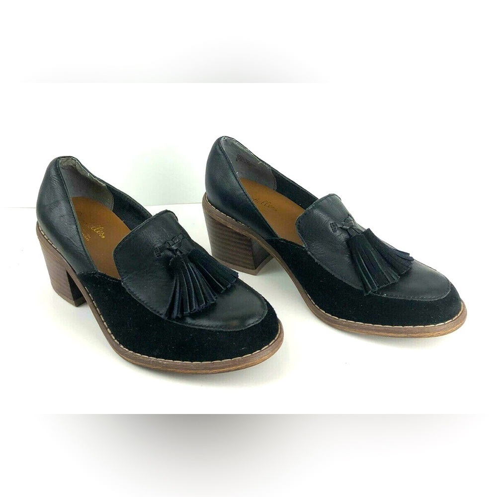 NEW Anthropologie Seychelles Black Leather Suede Tassel High Heel Loafer Shoes 8